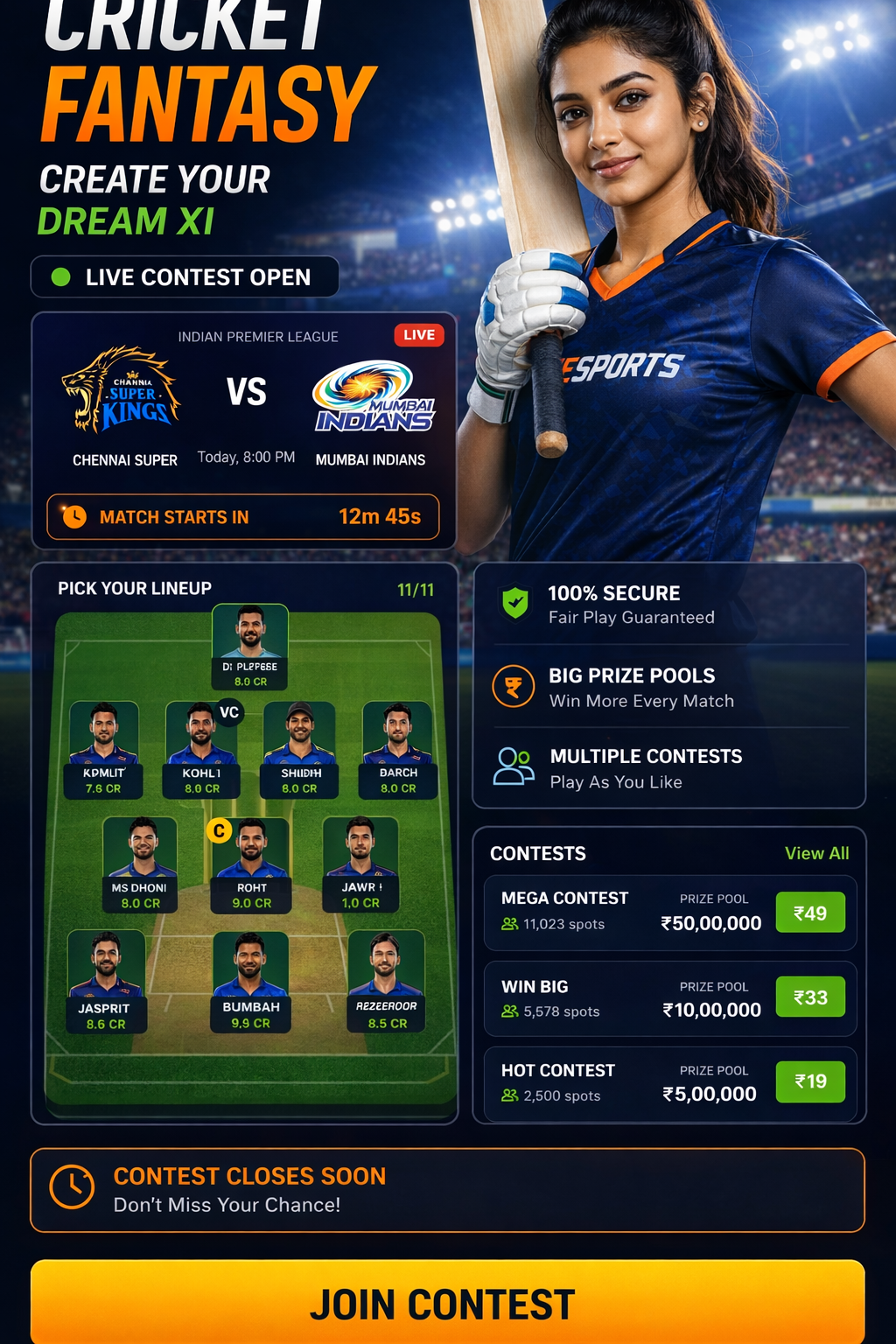 Come Cash 11 cricket matchday visual