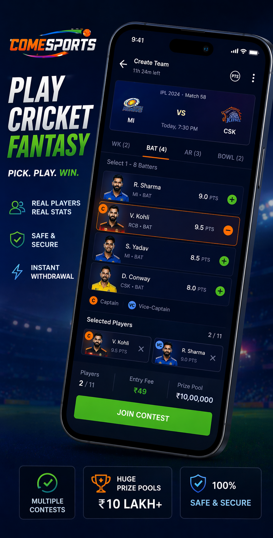 Come Cash 11 cricket fantasy visual